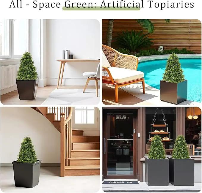 30" Artificial Boxwood Faux Plants Outdoor, UV Resistant Topiary Trees Realistic Cone-Shaped Fake Bushes and Shrubs Potted Fakeplants Set of 2 for Front Porch Patio Outside Planter Decor by GreenHaven Gardens
