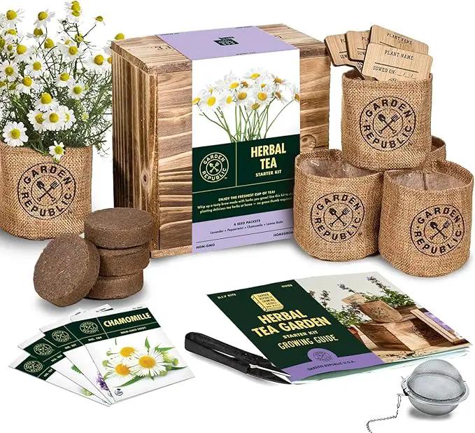 Indoor Herb Garden Seed Starter Kit - Herbal Tea Growing Kits, Grow Medicinal Herbs Indoors, Seeds for Planting, Soil, Plant Markers, Pots, Infuser, Planter Box, Gardening Gifts for Women by GreenHaven Gardens