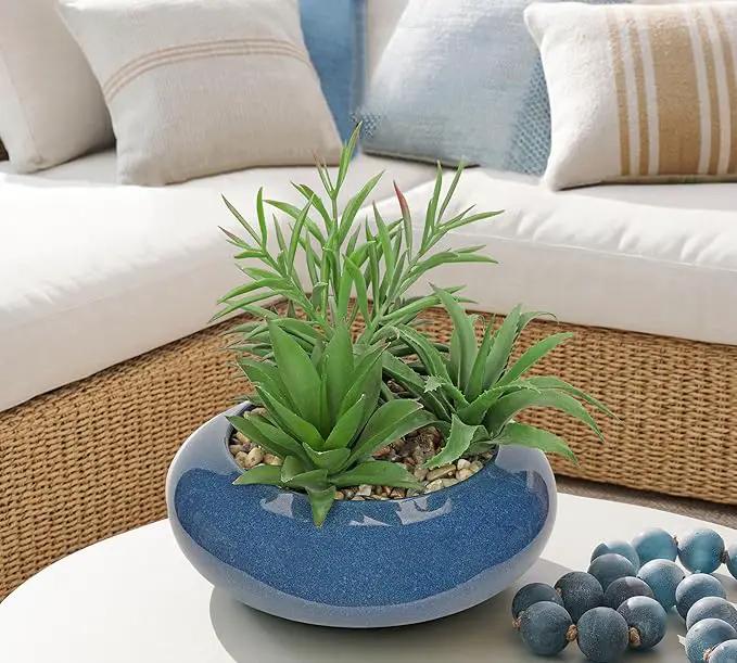 Hollyone Large Artificial Succulents Plants with Blue Vase Faux Succulents Fake Succulent Potted Plant in Ceramic Pot for Home Decor Office Desk Bathroom Living Room Indoor & Outdoor Decorations by GreenHaven Gardens