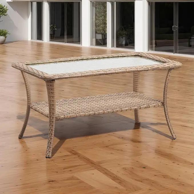 Patio Tables Outdoor Coffee Table - Wicker Rattan Coffee Tables with 2-Tier Storage Shelf Glass Top for Outside Proch Deck Balcony Garden Rectangle Yellow by GreenHaven Gardens