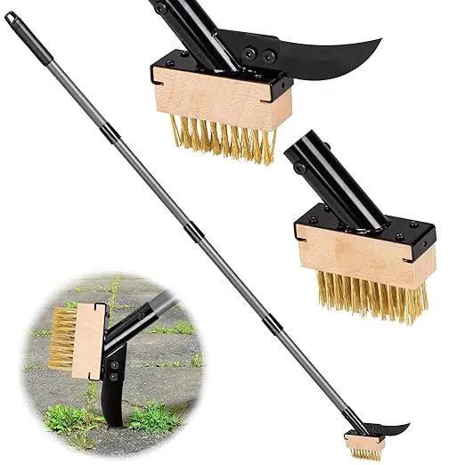 Walensee 3-in-1 Crack Weeder & Moss Remover Brush with 66.5-Inch Adjustable Handle, Weed Puller with 2 Replaceable Brush Heads and Scraper for Deck, Patio, Walkway, Driveway Crevice Cleaning Tool by GreenHaven Gardens