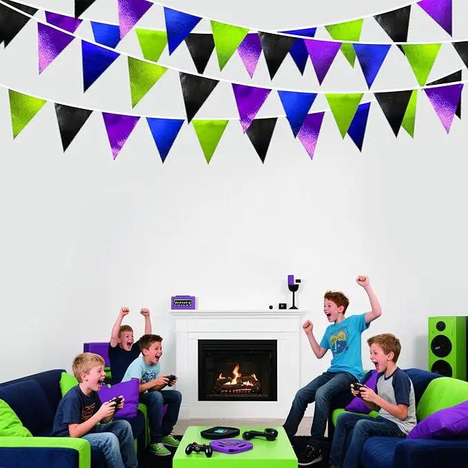 Video Game Party Decorations Black Blue Green Purple Metallic Fabric Triangle Pennant Banner Flag Bunting for Men Boys Birthday Graduations Retirement Wedding Bachelorette Video Game Party Supplies by GreenHaven Gardens