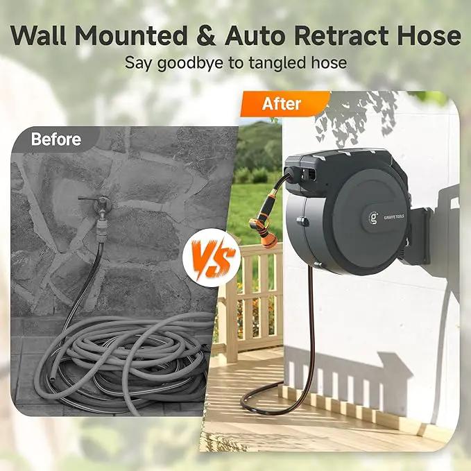 Giraffe Tools Hose Reel 1/2‘’ 78 ft, Heavy Duty Retractable Garden Hose Reel with Any Length Lock, Slow Return System, Wall Mounted and 180 Deg Swivel Bracket by GreenHaven Gardens