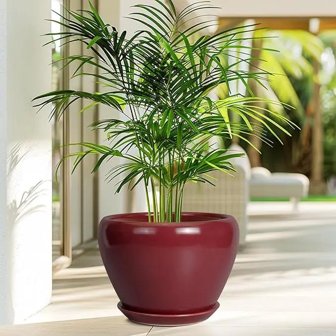 10 Inch Plant Pot - Ceramic Planter Pot with Drainage Hole and Saucer Large Planter for Indoor Plants Round Outdoor Flower Pot Mid-Century Decor Red by GreenHaven Gardens