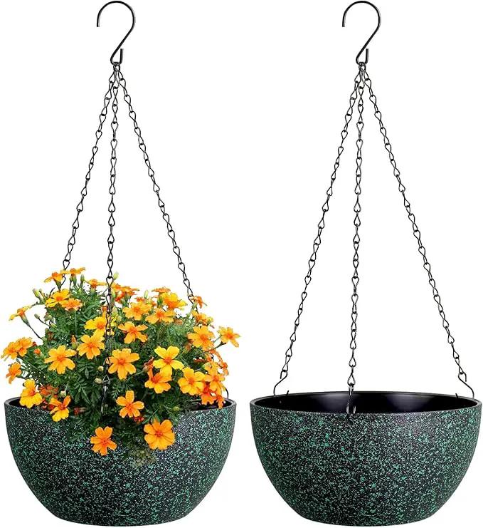 8 inch Small Hanging Planters for Indoor Outdoor Plants, 2 Pack Hanging Flower Pots with Drainage Holes and Chain, Plastic Hanging Baskets for House Plants, Black with Green Speckles by GreenHaven Gardens