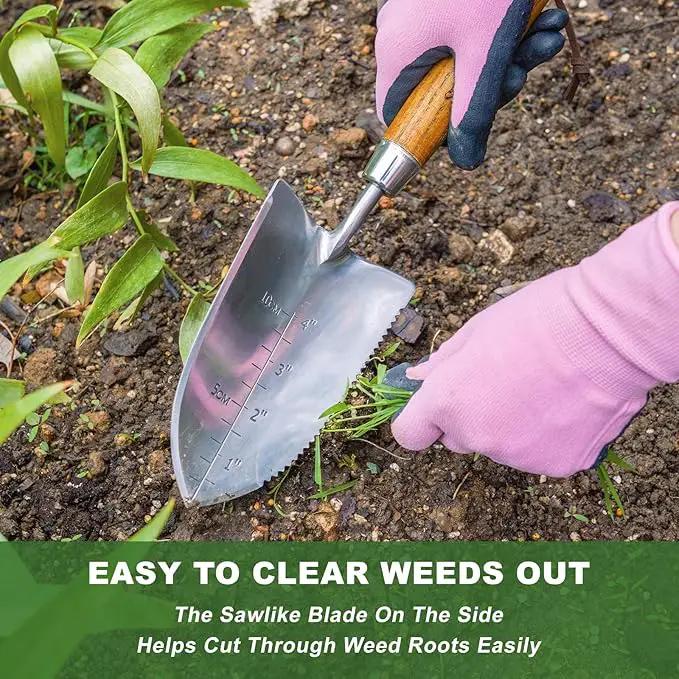 Haliaeetus Garden Trowel with Serrated Edge, 4'' Depth Marks Planting Shovel, V-Shaped Sharp Edge Garden Tool, Stainless Steel with Comfortable Wood Handle for Planting and Weeding by GreenHaven Gardens
