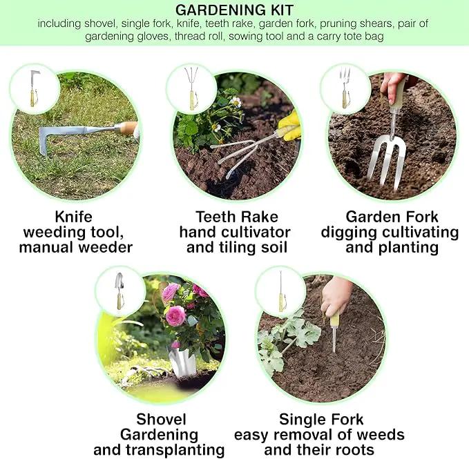 Garden Tools Set – Premium Stainless Steel Gardening Hand Tools with Solid Beechwood Handle – Gardening Kit with Rake, Shovel, Gloves, Shears, Tool Organizer – Garden Gifts for Women and Men by GreenHaven Gardens
