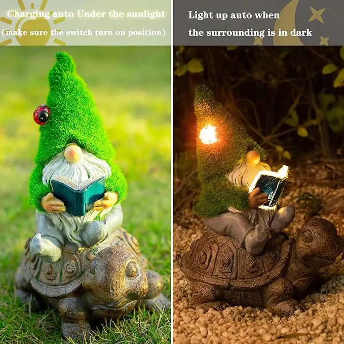 Garden Gnome Sitting on Turtle Outdoor Statues and Sculpture with Solar Lights, Garden Gnome Solar Statues and Turtle Figurines for Patio Yard Lawn Porch Decorations by GreenHaven Gardens