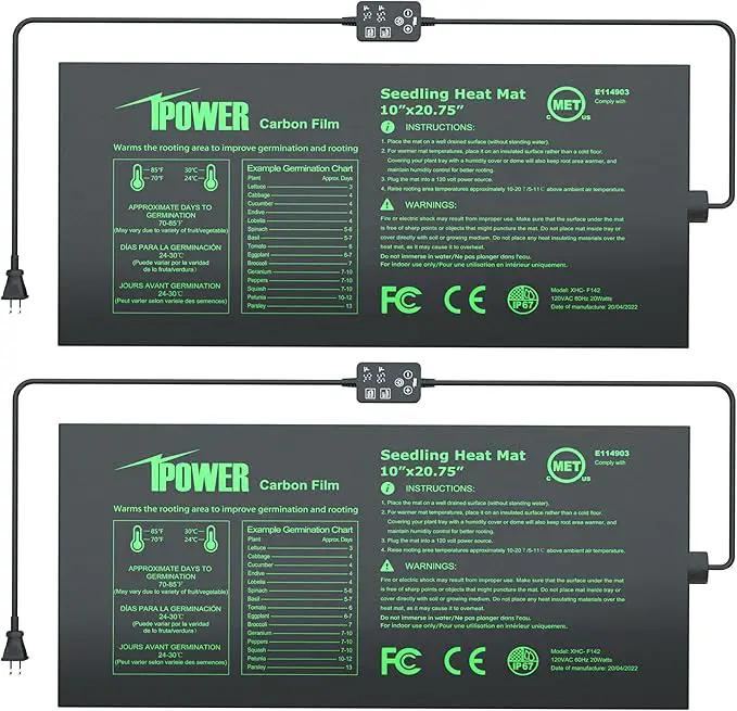 iPower 2-Pack Seedling Heat Mat for Plants with Dual Digital Temperature Controller, MET Certified Heating Pad, 10" x 20.75", Black by GreenHaven Gardens