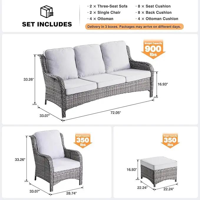 ovios 8 Pieces Patio Furniture Set, Outdoor Wicker Sofas with 2 Chairs, 4 Ottomans and Comfy Cushions, All Weather High Back Couch Set for Deck Porch, Grey Rattan, Grey by GreenHaven Gardens