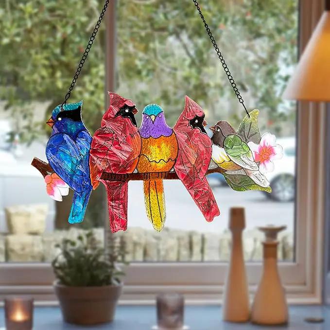 Stained Glass Window Hanging - Large Stained Glass Birds on Branch, Birds Sun Catchers Indoor Window with Chain and Hook Gifts for Bird Lover, Mom, Grandma, Stocking Stuffers for Women by GreenHaven Gardens
