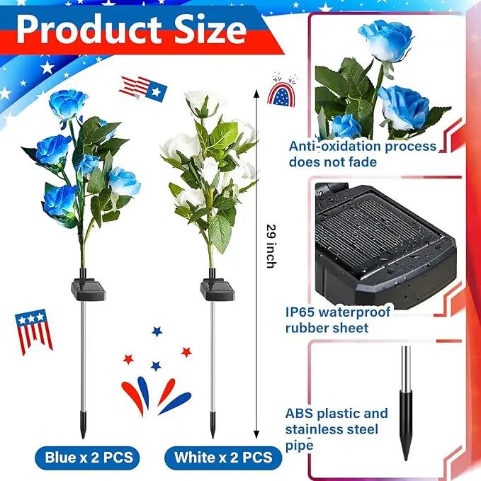 Woanger 4 Pcs Solar Flowers Cemetery Grave Decorations Outdoor LED Flower Lights with 6 Rose Powered Garden Stake Lights Waterproof for Independence Day Grave Decorations(Blue, White) by GreenHaven Gardens