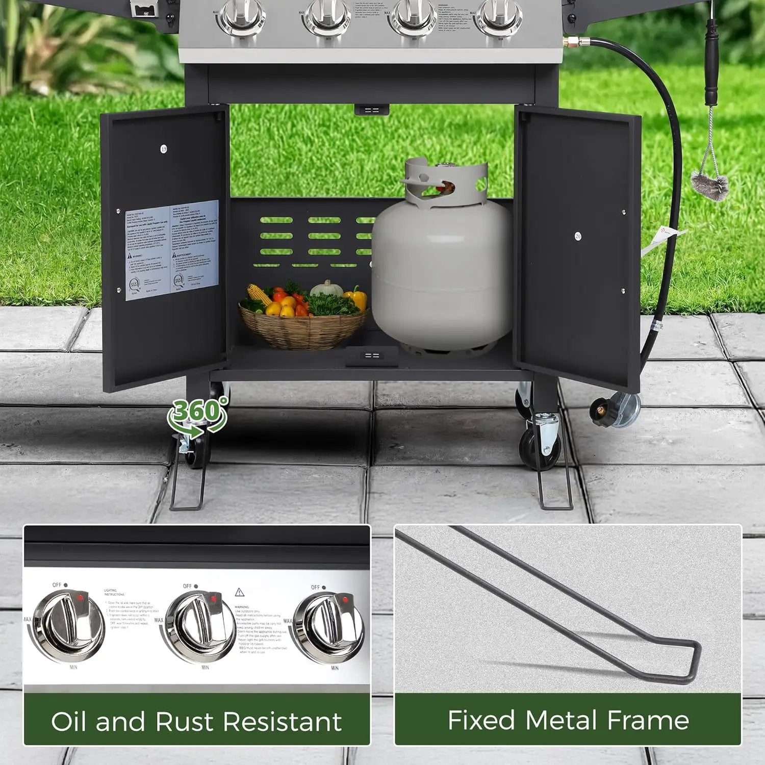 4-Burner Propane Gas BBQ Grill with Wheels, 40,000 BTU Output Stainless Steel Barbecue Grill for Backyard & Outdoor Cooking Easy Assembly, Foldable Side Tables & Spice Rack (Dark Black) by GreenHaven Gardens