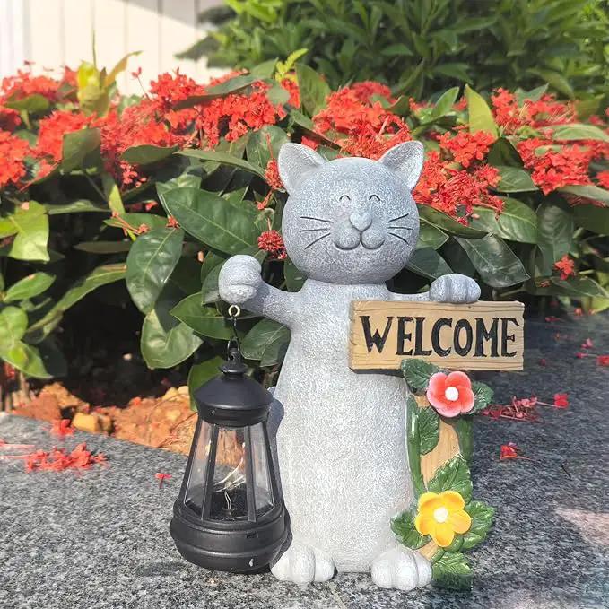 Solar Cat Statue with Solar Lantern-Outdoor Garden Décor, LED Lighted Kitty Figurine for Patio, Lawn,Yard-Valentine's Day, Birthday Gifts for Mom,Grandma,Cat Lovers by GreenHaven Gardens