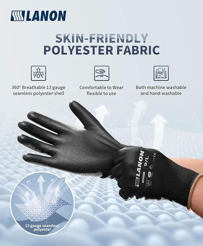 LANON Safety Work Gloves for Men and Women, 18 Pairs Mechanic Black Working Gloves with Grip Odorless PU Coated, Seamless Knit, Full Fingertip Touchscreen for Light Duty Working Gloves, Large by GreenHaven Gardens
