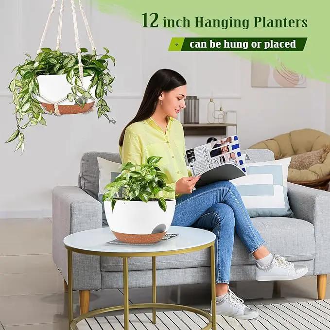 Hanging Planters for Outdoor Indoor Plants, 2 Pack 12 Inch Hanging Basket Plants Outdoor, Self Watering Hanging Planter with Plant Hanger for Garden Home Decoration (White) by GreenHaven Gardens