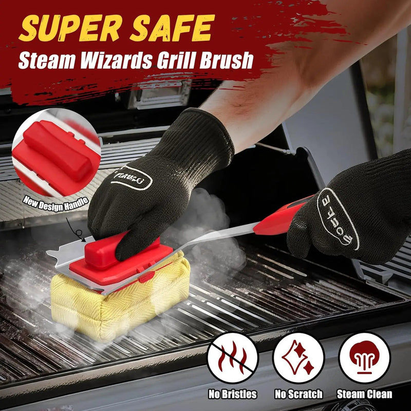 Steam Safe Grill Cleaning Brush Bristle Free and Scraper for Outdoor Grill with 15" Extended Handle, 3X Thick Aramid Fabric Replaceable Brush Heads, Triple-Groove Scraper Design for All Grates, Red by GreenHaven Gardens