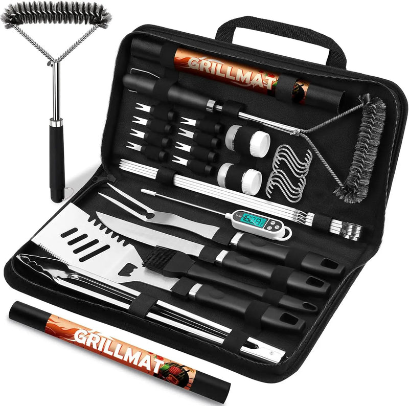 31pcs BBQ Grill Accessories Set for Men Dad, Heavy Duty Grilling Tools Gifts for Fathers Day, Stainless Steel BBQ Utensils Kit with Mats, Grill Brush in Carrying Bag Black by GreenHaven Gardens