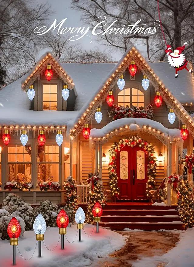 Moonflor Strawberry Jumbo C9 Christmas Lights Outdoor - 2 Pack Total 17FT 10 LED Jumbo C9 Christmas Pathway Lights Outdoor, C9 Walkway Lights, Christmas Decoration for Outside Lawn, Red & Pure White by GreenHaven Gardens
