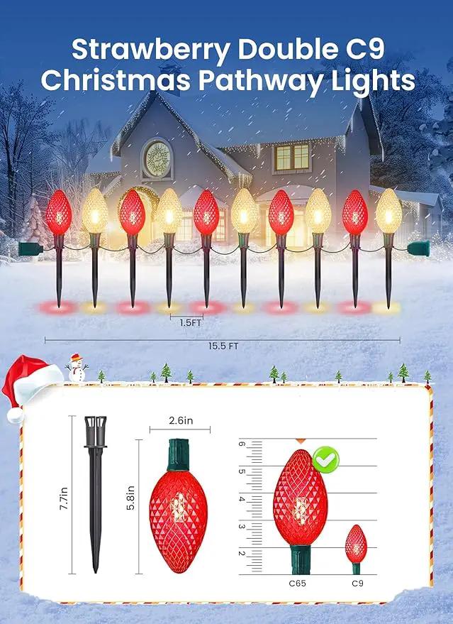 Double C9 Christmas Pathway Lights Outdoor - 2 Pack 13.5Ft 10 LED With 10 Marker Stakes for Walkway, Waterproof Plug-in C9 Strawberry Christmas Decorations for Driveway, Red & Warm White by GreenHaven Gardens