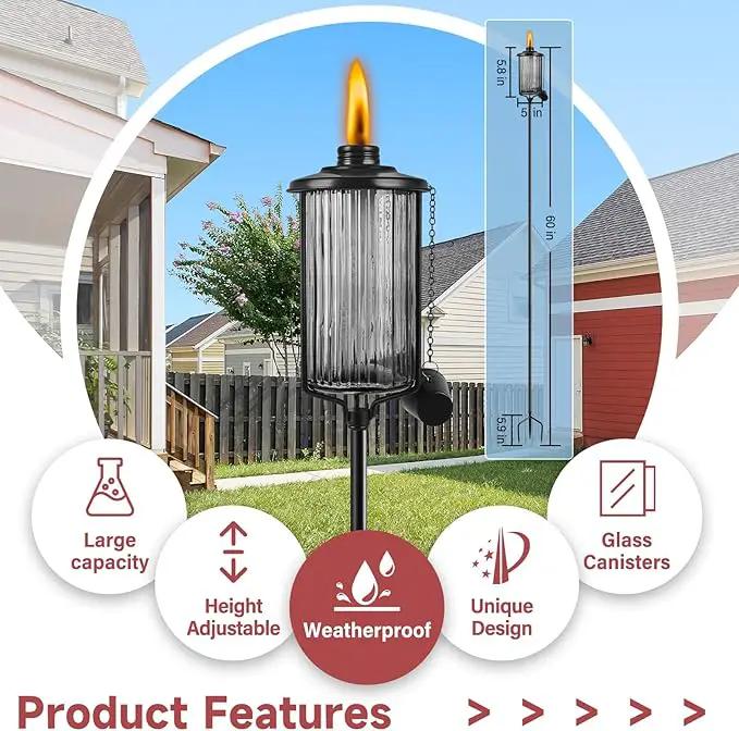 4 Pack Glass Citronella Torches, 16 oz Garden Torches for Outside with 3-Prong Grounded Stake, 55 inch Outdoor Black Glass Flame Light Torch for Yard, Patio, Deck, Garden, Party, Landscape by GreenHaven Gardens