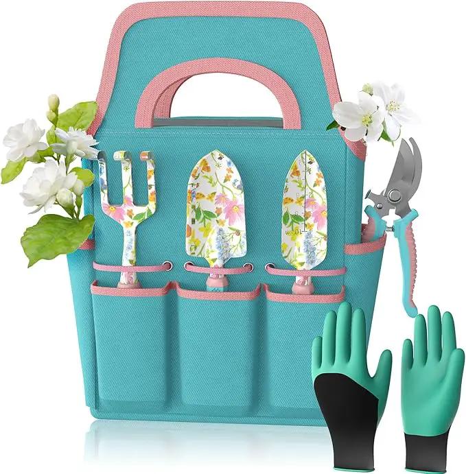 6 Pcs Garden Tool Set, Gardening Hand Tools Aluminum Alloy Starter Kit with Garden Bag, Heavy Duty Outdoor Tool Set with Ergonomic Handle, Gardening Gifts (Flower Pattern) by GreenHaven Gardens
