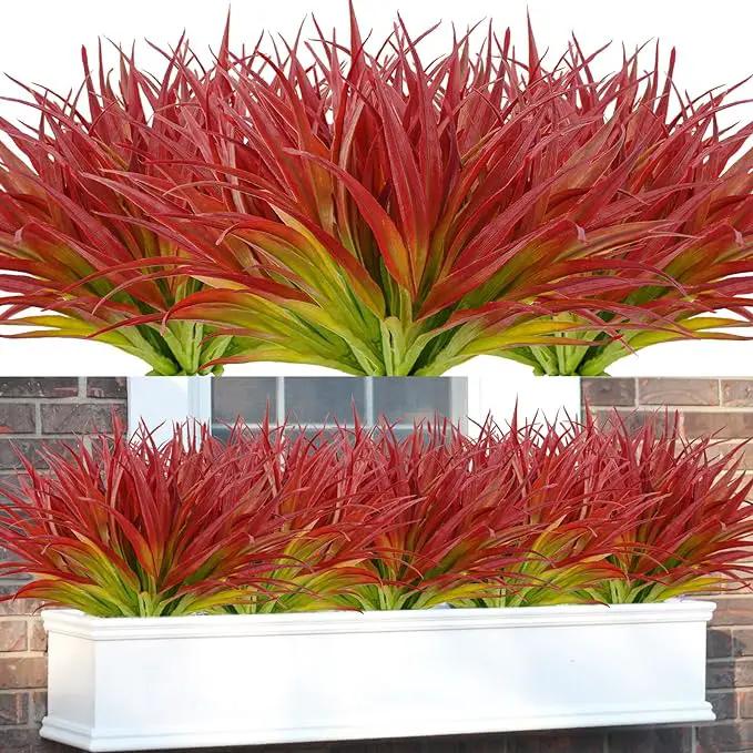 16Pcs Artificial Grass Fake Plants 17.3in Outdoor Plants UV Resistant Greenery Stems Fake Grass for Home Window Garden Office Patio Pathway Front Porch Décor Light Green & Red by GreenHaven Gardens