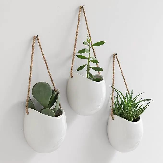 Wall Planters -Ellie- | Hanging Ceramic Plant Pots 3 Pieces | Wall Decoration for Indoors, Balcony and Garden | White (Glossy)