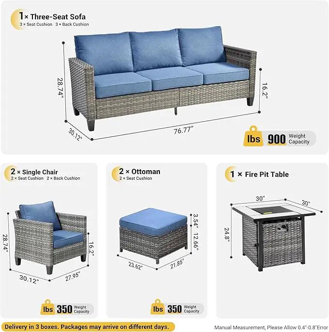 ovios 6 Pieces Patio Furniture Set with 30" Fire Pit Table, Outdoor Wicker Sofa with Comfy Cushions, All Weather High Back Rattan Couch Conversation Set, Denim Blue by GreenHaven Gardens