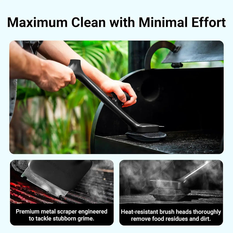 Grill Brush Bristle Free with 3 Replacement Brush Heads, Steam Grill Brush with Scraper, Non Metal Bristles for Cast Iron, Stainless-Steel Grates, Safe for Non-Stick Surface, Black by GreenHaven Gardens