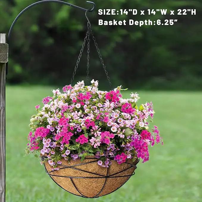 4 Pack 14 Inch Hanging Flower Baskets for Outdoor Plants Large Metal Wire Planters with Coco Liner Pot for Home Planting Black Watering Plant Holders for Outside Garden by GreenHaven Gardens