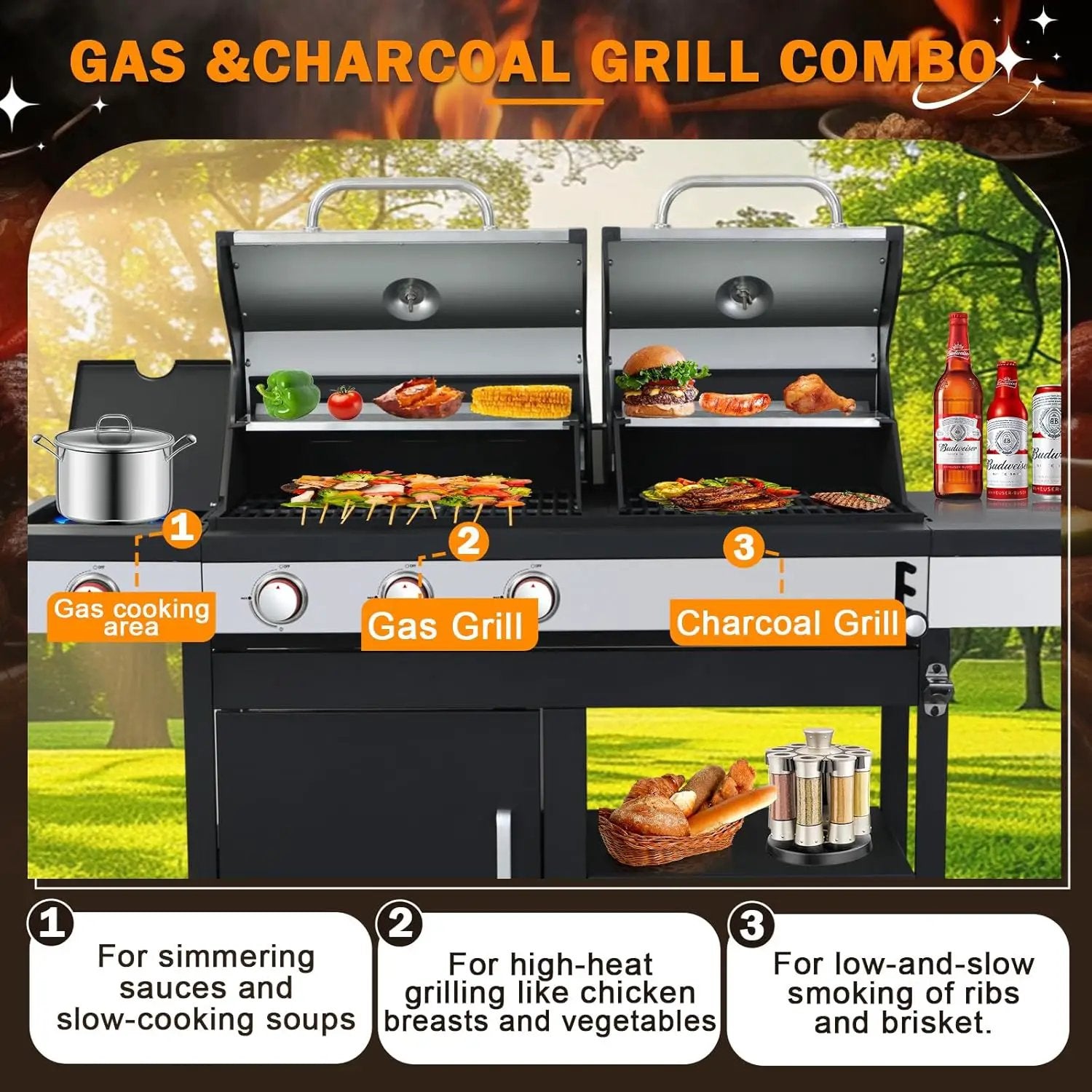 3-Burner Gas and Charcoal Combo Grill with Griddle Plate, 37,230 BTU, Stainless Steel & Enameled Grates, Side Burner + Storage Cabinet for Backyard, Tailgating, Teppanyaki by GreenHaven Gardens