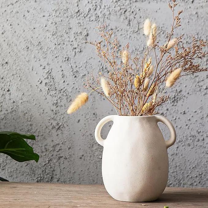 Kimdio White Ceramic Vase with 2 Handles – Sand-Glazed Clay Pottery Vase for Dried Flowers, Rustic Modern Table Decor, Farmhouse Boho Shelf Decoration by GreenHaven Gardens
