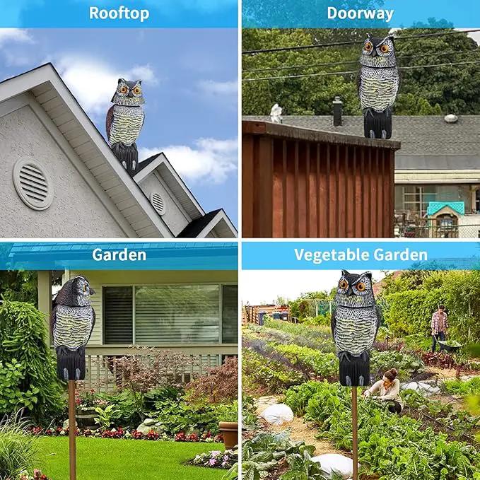 Owl Decoys to Scare Birds & Squirrels Away, 360 Rotating Head, Plastic Garden Owls for Indoor/Outdoor Use by GreenHaven Gardens