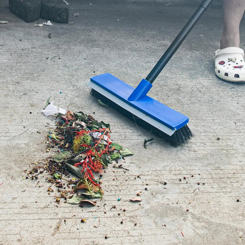 16 Inch Push Broom Outdoor 2 in 1 with Rubber Squeegee and Stiff Bristle Deck Brush 58" Long Handle for Deck Patio Garage Warehouse Driveway Concrete Floor Cleaning Scrubbing(Blue) by GreenHaven Gardens