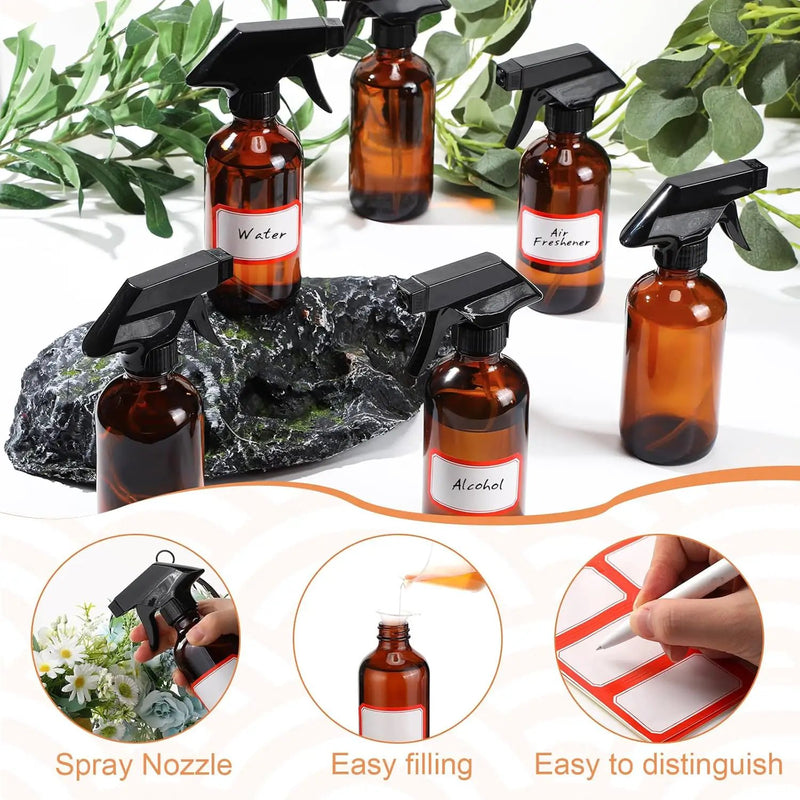 Norme 12 Pcs 8 oz Glass Spray Bottles with Funnels and Labels Refillable Cosmetic Empty Spray Bottles with Sprayer Containers for Essential Oil Cleaning Solutions(Amber,Classic) by GreenHaven Gardens
