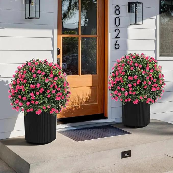 Artificial Pink camellia Topiary Ball Tree 25" with Ground Spike, Set of 2 Artificial Boxwood Bushes for Faux Shrubs, Fake Evergreen Faux Plant for Indoor Outdoor Garden -UV Resistant–Fade-Proof by GreenHaven Gardens