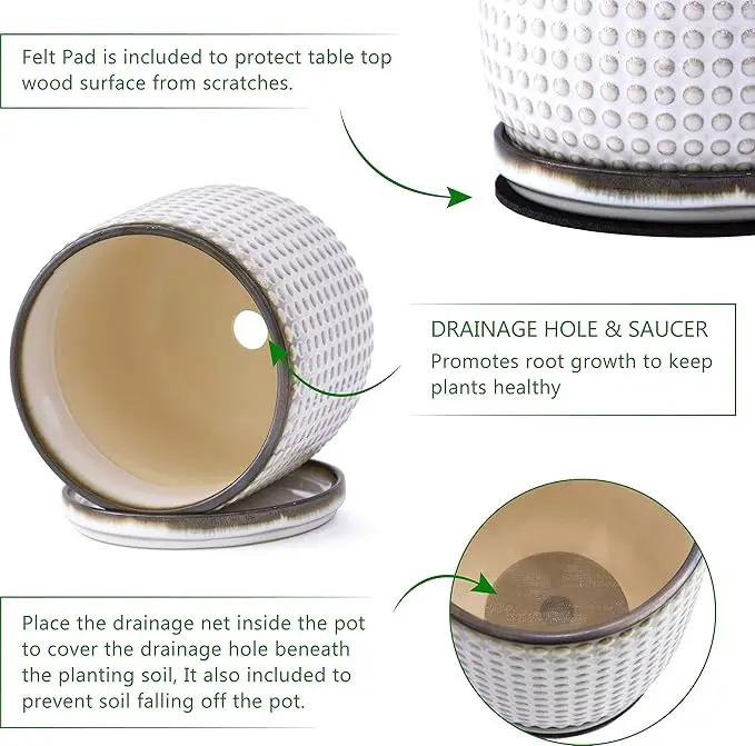 D'vine Dev 4 Inch Ceramic Beaded Stoneware Planter Pot - Flower Pot with Drainage Holes and Saucers for Indoor Succulent Plants or Flowers, Smoked White, 27-C-Z-1 by GreenHaven Gardens