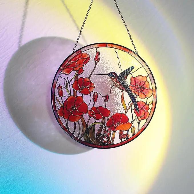 7.8'' Hummingbird Suncatcher Stained Glass Suncatchers - Originally Designed Hummingbird Red Poppies Ornament for Sun Catcher Indoor Window | Gifts for Hummingbird Lovers Painted Glass Panel Decor by GreenHaven Gardens