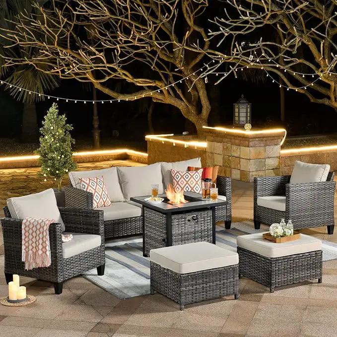 ovios 6 Pieces Patio Furniture Set with 30" Fire Pit Table, Outdoor Wicker Sofa with Comfy Cushions, All Weather High Back Rattan Couch Conversation Set, Beige by GreenHaven Gardens