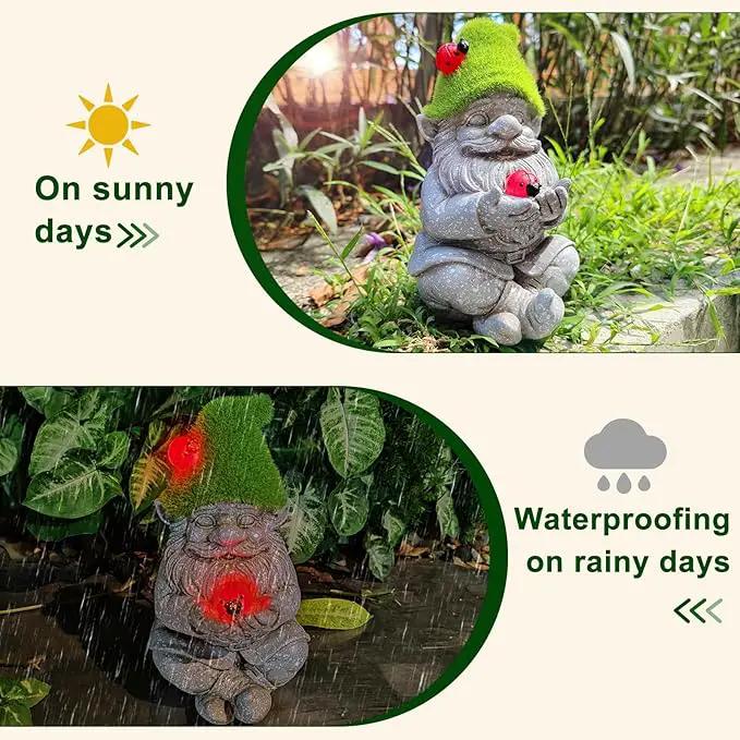 Solar Gnomes Garden Statues, Outdoor Lighted Gnome with Ladybugs Garden Decor Waterproof Figurines for Patio Porch Balcony Yard Lawn Lantern, Yard Art Decorations Gifts for Garden Patio Lawn by GreenHaven Gardens