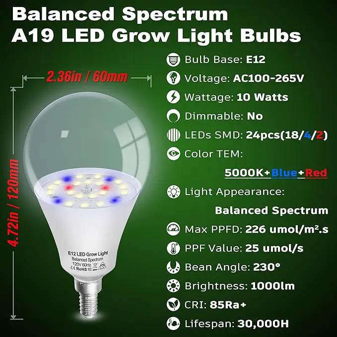 Candelabra LED Plant Grow Light Bulbs E12 Indoor Plants Full Spectrum,Small Base LED Sun Light Bulbs Plant Growing 100W Equivalent with Balanced Spectrum 5000K Red Blue for Seeds Greens Flower,1Pcs by GreenHaven Gardens