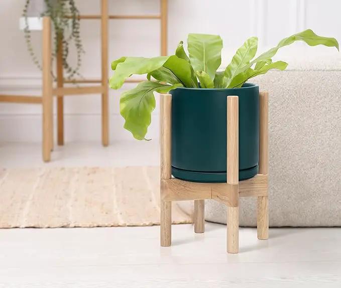 D'vine Dev Ceramic Planter with Natural Stand - 8 Inch Modern Round Flower Pot with Wood Planter Holder, Teal, 55-B-N-4 by GreenHaven Gardens
