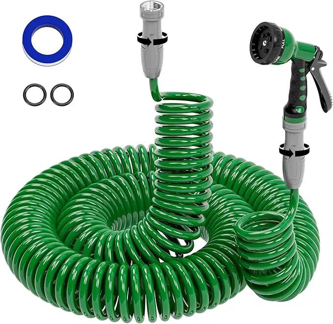 3/8" Lightweight Coil Garden Hose 100FT, EVA Flexible Curly Water Pipes with 6-Pattern Spray Nozzle for Boat, Greenhouse, Yard, Patio, Green by GreenHaven Gardens