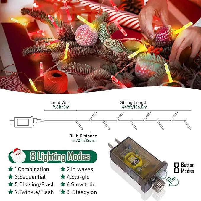 Heceltt 1140 LED 449 FT String Lights Outdoor, 8 Modes Christmas Lights Plug in, IP44 Waterproof Led String Lights with Timer and Memory for Xmas Yard Party Decorations (Red and Warm White) by GreenHaven Gardens