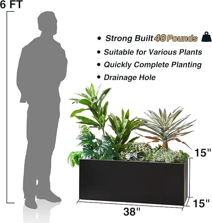 Metallic Heavy Long and Large Outdoor/Indoor Planter, Rectangular Trough Planter Box, 38”Lx15”Wx15”H, 40Pounds, Black with Hand Brushed Gold Edge, No Assemble and Seamless by GreenHaven Gardens
