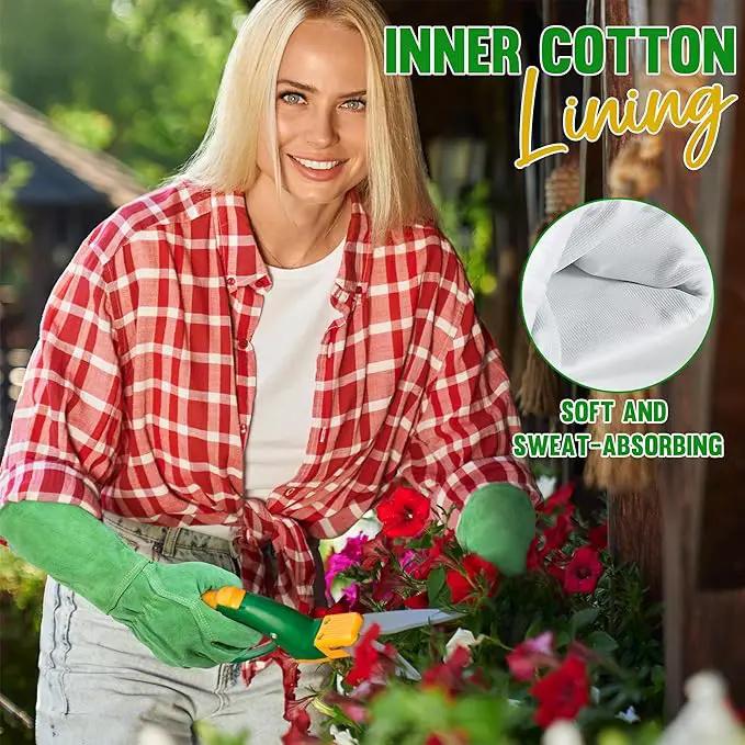 HANDLANDY Leather Gardening Gloves, Thorn Proof Long Gauntlet Heavy Duty Garden Gloves, Elbow Length Rose Pruning Weeding Yard Glove (Medium, Green) by GreenHaven Gardens