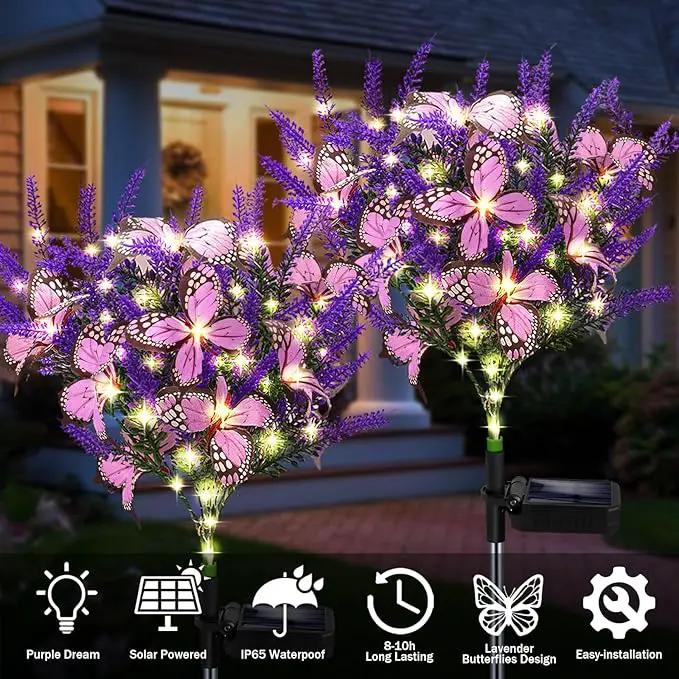 Solar Garden Lights Outdoor, 2 Pack Purple Lavender Solar Butterfly Lights Gardening Gifts for Women, Purple Solar Artificial Flower with Butterfly Purple Garden Decor for Lawn Patio-Warm White by GreenHaven Gardens