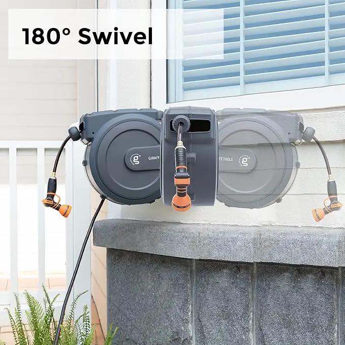 Giraffe Tools Metal Retractable Hose Reel 130 FT Wall Mounted Heavy Duty Hose Reel with 9 Pattern Nozzle 180 Deg Swivel, Metal Bracket Any Length Lock (1/2 130FT PRO, Dark Grey) by GreenHaven Gardens
