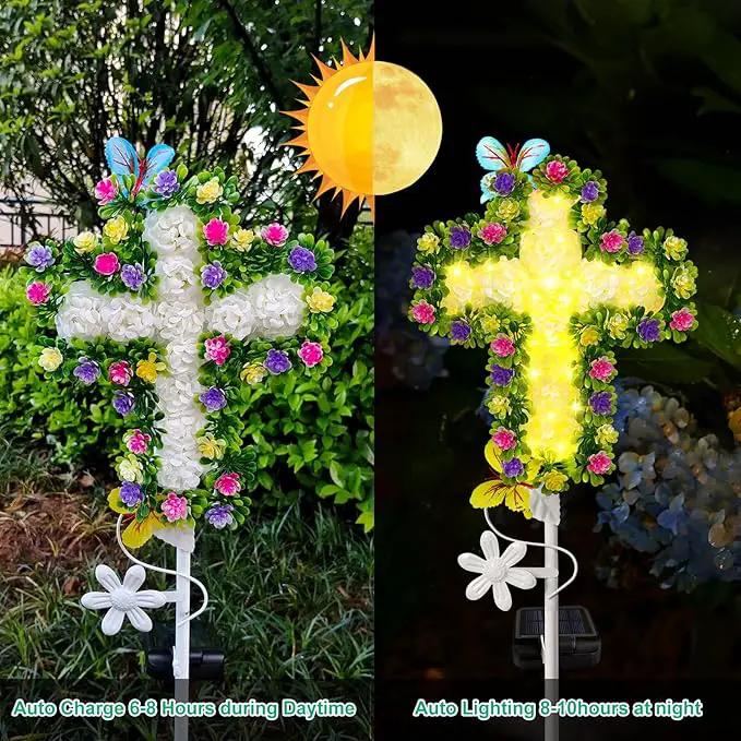 YJFWAL 1 Pack Solar Flowers Cross Garden Stake Lights, Yard Solar Lights Cemetery Decorations For Grave Outdoor Light Jesus Cross Sympathy Memorial Gift For Grandma, Garden Lawn Patio Pathway Deco by GreenHaven Gardens
